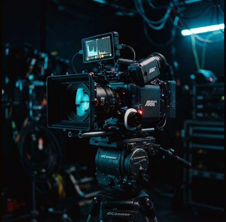 A high-end cinematic camera rig on a dark studio set, glowing cyan accent lights reflecting off the lens, shallow depth of field, 35mm