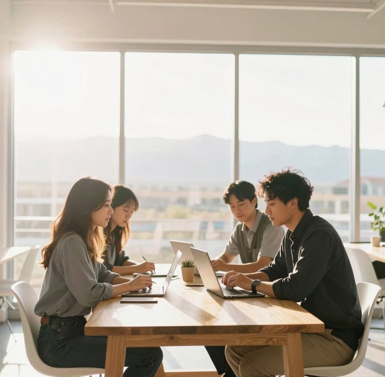 A bright, sun-drenched modern workspace in Utah, a small team of professionals collaborating around a light oak table, warm morning sunlight streaming through large windows, soft high-key lighting, 35mm lens
