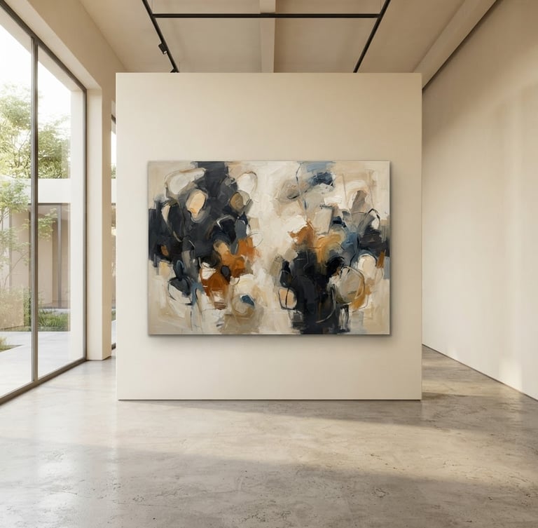 Straight-on architectural photograph of a minimalist, sun-drenched gallery interior with warm cream walls, a single large abstract oil painting displayed under soft natural window light, elegant concrete floor.