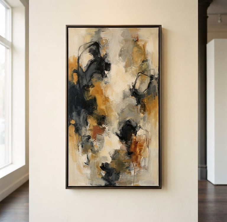 Elegant gallery photography, a tall portrait of a beautifully framed abstract oil painting hanging on a warm cream wall, soft natural window light, architectural framing, 35mm lens