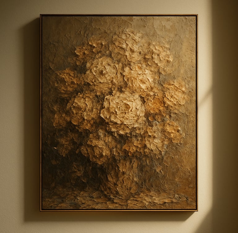 Elegant gallery photography, a large oil painting with thick impasto texture hanging on a warm cream gallery wall, soft side lighting casting delicate shadows, 35mm lens