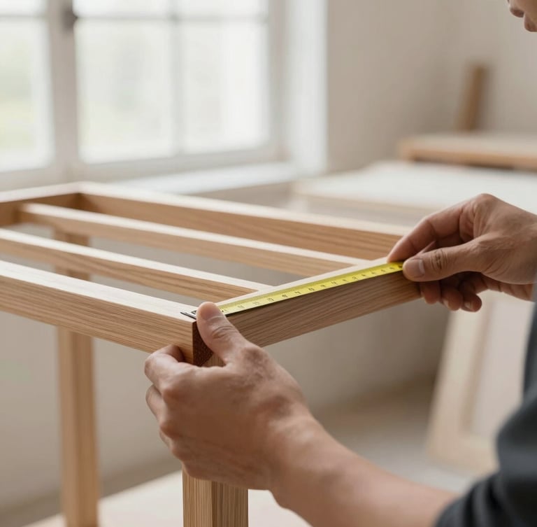 Elegant gallery photography, hands carefully measuring a raw wood frame in a bright workshop, soft natural light, detailed macro shot of wood texture, 35mm lens