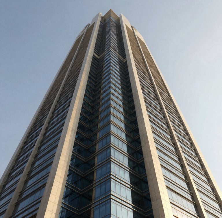 Wide-angle architectural shot of a modern glass and steel skyscraper in Riyadh under bright daylight, deep navy shadows, clean geometric lines