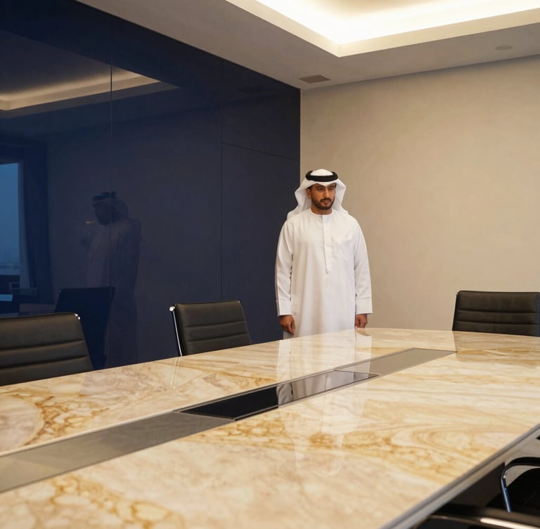 Close-up of a premium glass and steel corporate boardroom in Doha, warm interior lighting reflecting on a polished marble table, sharp focus, editorial financial style