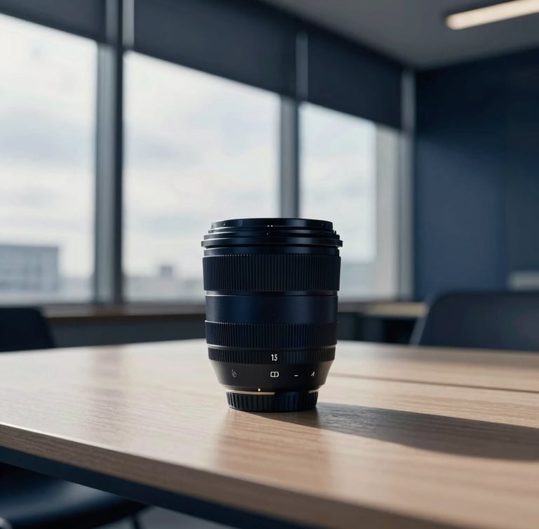 Muted navy tones, a quiet boardroom setting with overcast daylight filtering through large windows, sharp architectural shadows, 35mm lens, high-end editorial corporate photography