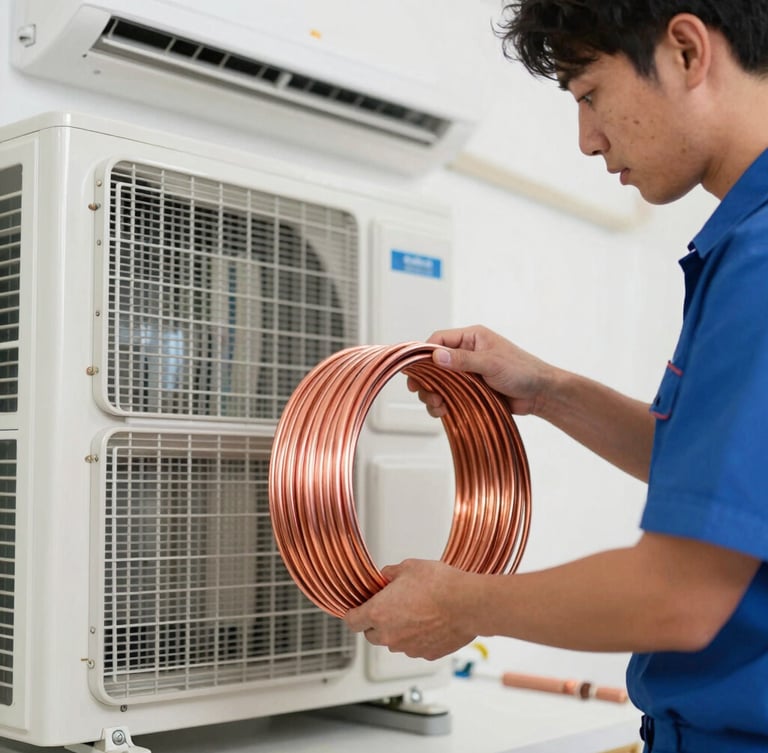 Professional technician in clean uniform working on copper coils of a split AC unit, bright indoor residential lighting, close-up, sharp focus