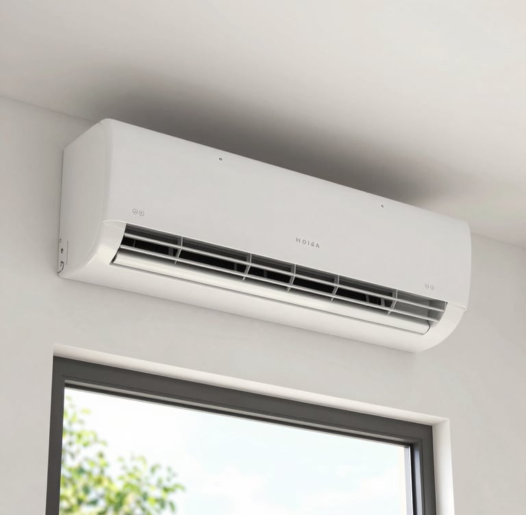A clean, modern window air conditioner unit installed in a bright residential room in Noida, natural daylight, sharp focus on the cooling vents, 35mm lens