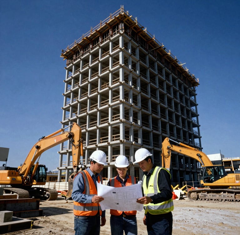 Engineers reviewing blueprints on an active civil construction site, heavy machinery in background, sharp daylight, high contrast, wide-angle lens.