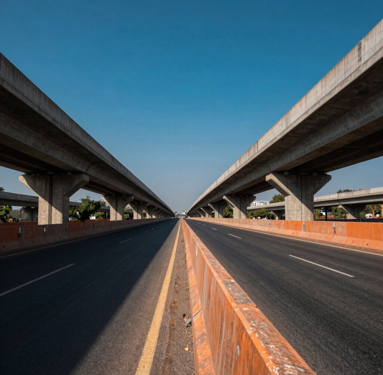 Wide-angle shot of the Ranchi Ring Road Extension, showing multiple lanes, overpasses, and robust concrete barriers, high-contrast daylight, leading into the horizon, deep blue and industrial orange tones.