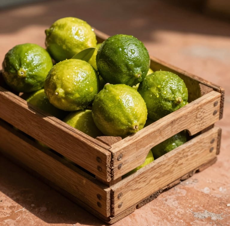 Macro shot of a rustic wooden crate overflowing with bright, glistening key limes under harsh, direct Texas sunlight, casting deep, dramatic shadows on a warm terracotta ground.