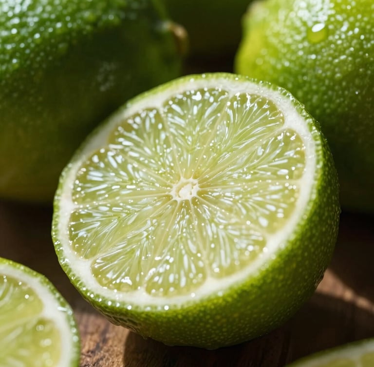Macro close-up of fresh Mexican limes cut in half, glistening with juice under harsh natural Texas sunlight, deep green textured skins, dark shadows.