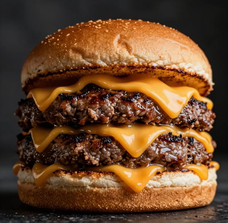 Extreme close-up of a monumental double smash burger with dripping cheddar cheese, glistening seared beef, dark moody background, dramatic side lighting