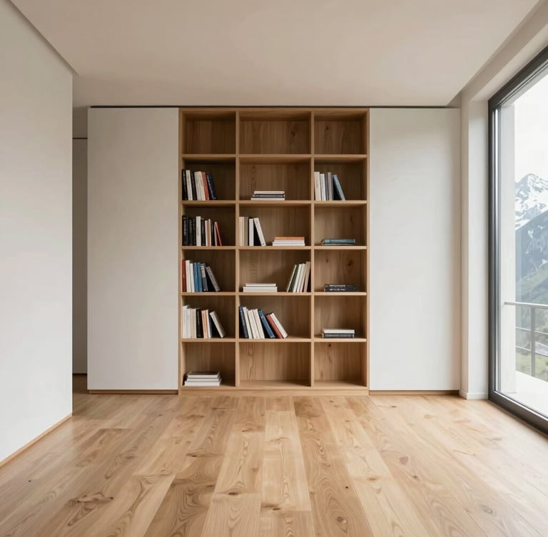 Strict straight-on architectural elevation of a minimalist Swiss living room, seamless transition between light oak flooring and smooth off-white walls, large window with diffused alpine daylight, elegant bespoke built-in bookshelf.