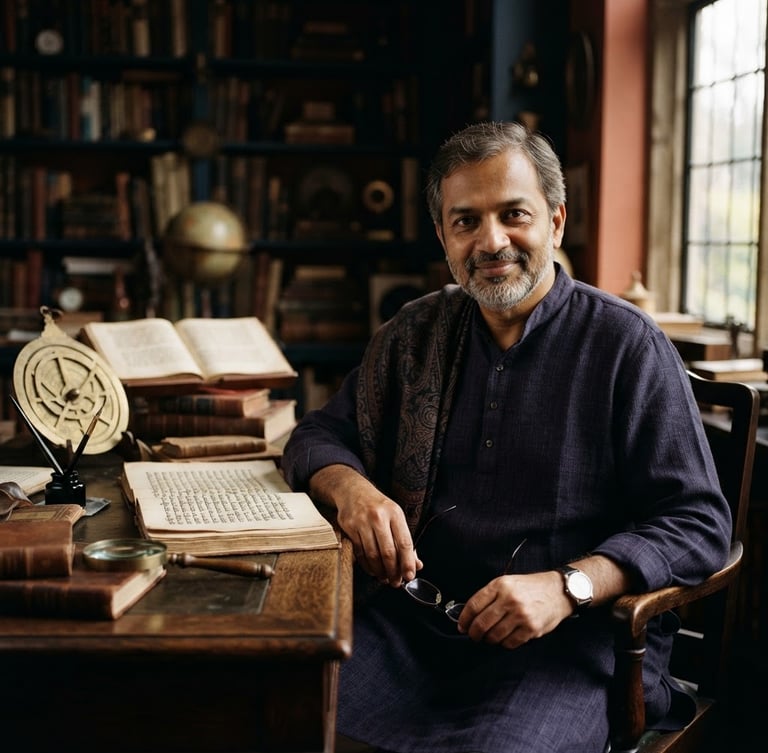 Editorial portrait of Dr. Gurunath Yadav, a distinguished Indian man in his late 40s, seated at a polished wooden desk in a scholarly study, surrounded by ancient manuscripts and brass instruments. Soft window light from the right illuminates his face, casting gentle shadows. Deep terracotta and ink-blue tones, shallow depth of field, 35mm.