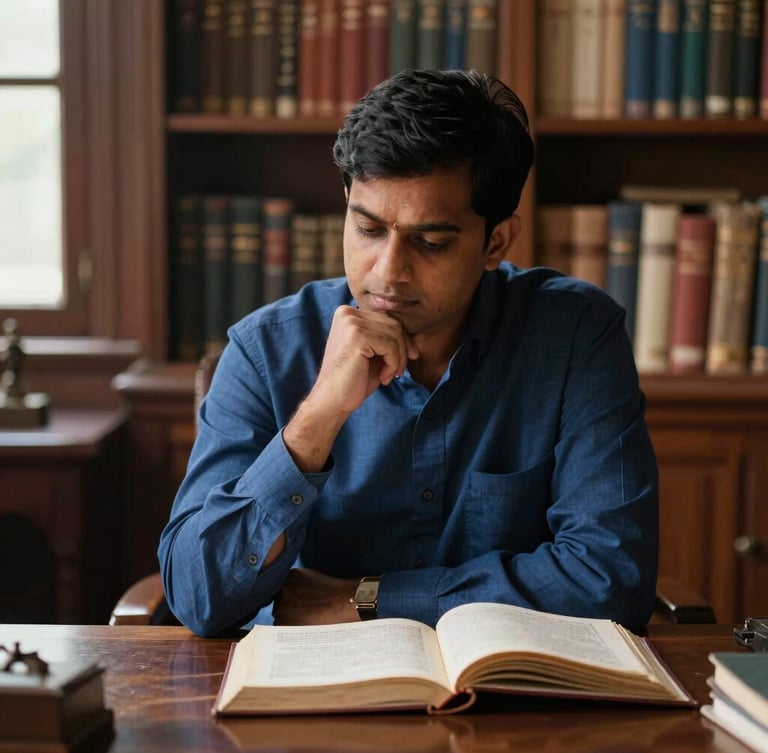 Dr. Gurunath Yadav in his dignified study, seated at a dark wooden desk, engaged in deep contemplation over an open Lal Kitab text, warm library light, editorial portraiture, shallow depth of field, rich ink-blue tones.