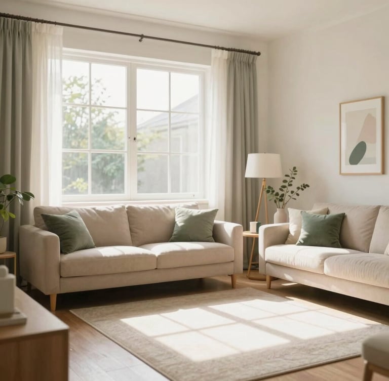 Bright editorial photography of a beautifully organized living room, soft natural morning daylight streaming through a window, warm beige and sage green accents, clean airy interior, 35mm