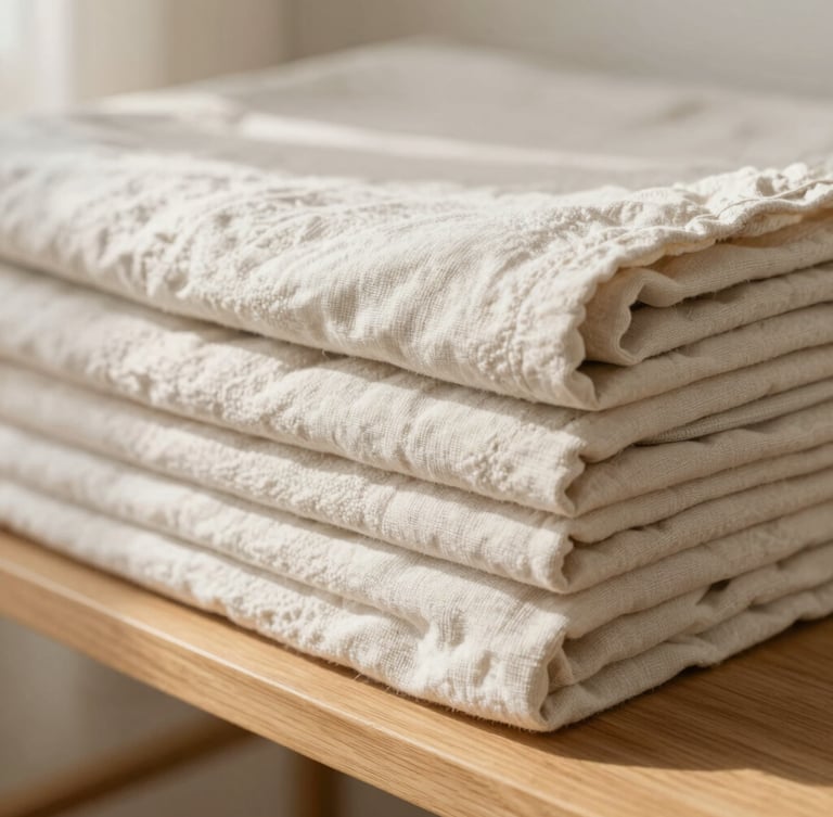 Close-up of neatly folded linen sheets on a wooden shelf, soft morning light, clean textures, warm neutral tones, shallow depth of field