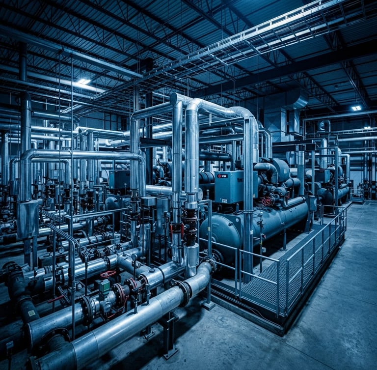 Wide environmental shot of a massive industrial chiller plant with complex steel piping manifolds, illuminated by high-contrast cool blue technical lighting, sharp focus, 35mm