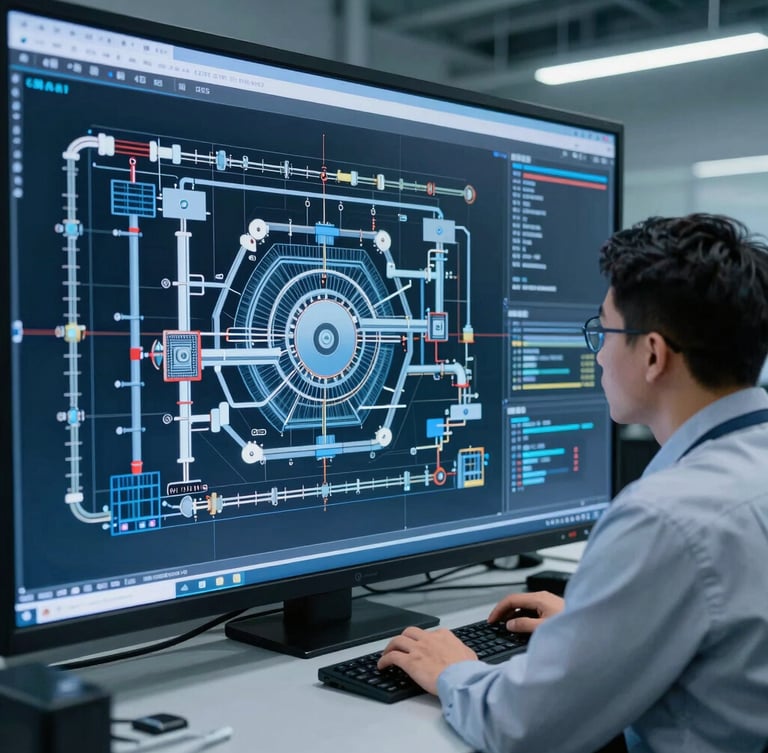 An industrial engineer in technical gear reviewing a complex 3D BIM cooling system model on a high-resolution screen inside a control room, cool metallic blue tones, sharp focus
