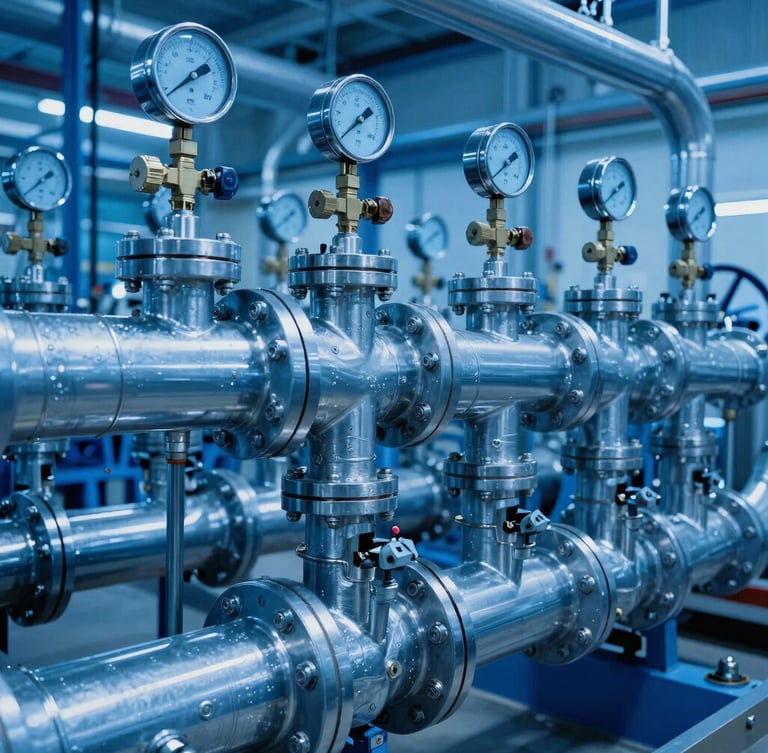 Close-up of industrial chiller manifold piping with heavy metallic valves and pressure gauges, cool blue ambient lighting with sharp metallic highlights, 35mm technical perspective.