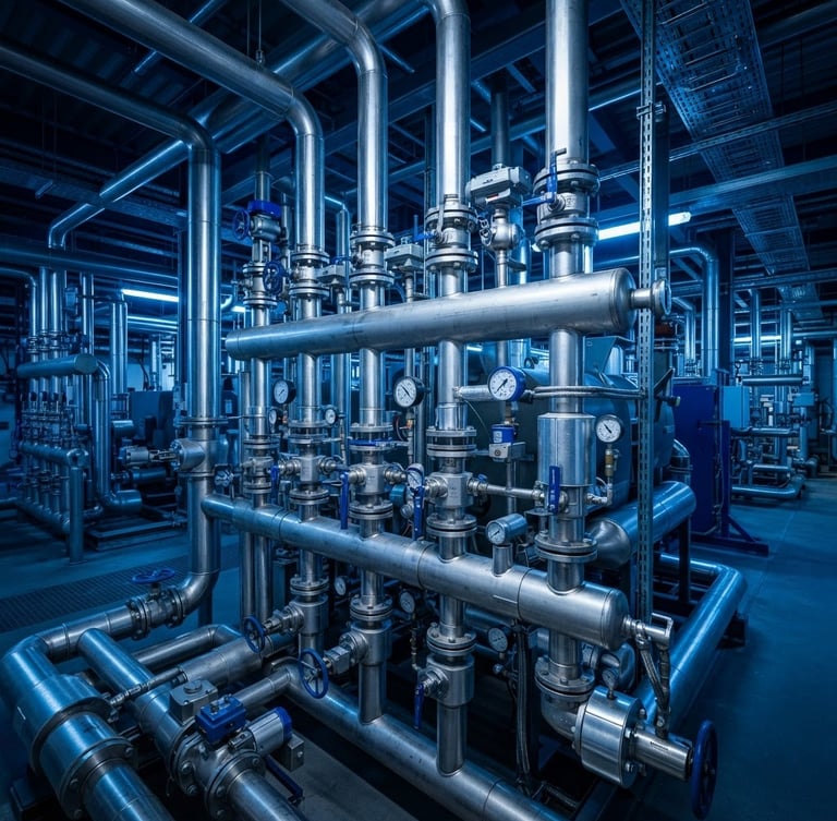 Massive industrial chiller manifolds and stainless steel pipes with pressure gauges, high-contrast cool blue lighting, sharp technical perspective, 35mm.