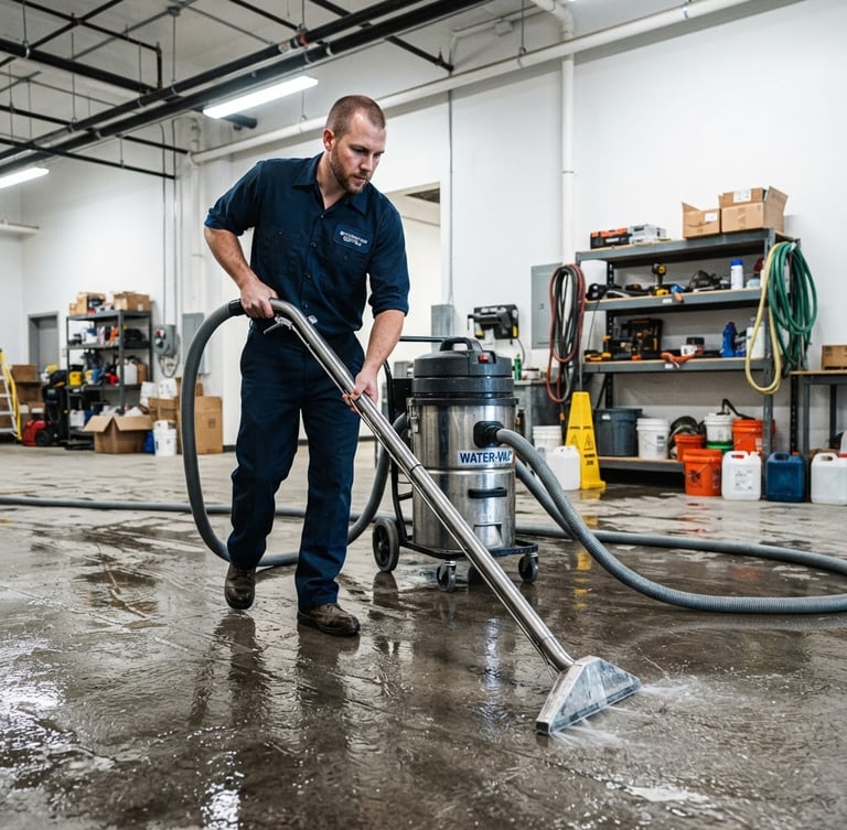Action shot of a professional technician in a clean navy uniform operating a large industrial water extraction vacuum on a wet concrete floor, bright utility lighting, sharp documentary style