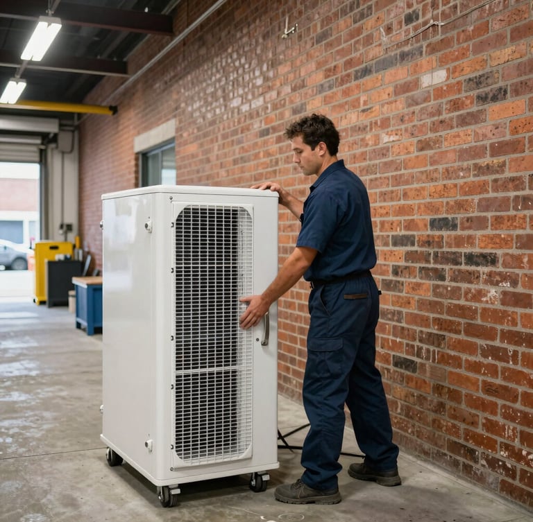 Sharp documentary photograph of a technician in a clean navy uniform placing a heavy-duty industrial dehumidifier near a brick wall inside a Bronx commercial property, bright clean utility lighting.