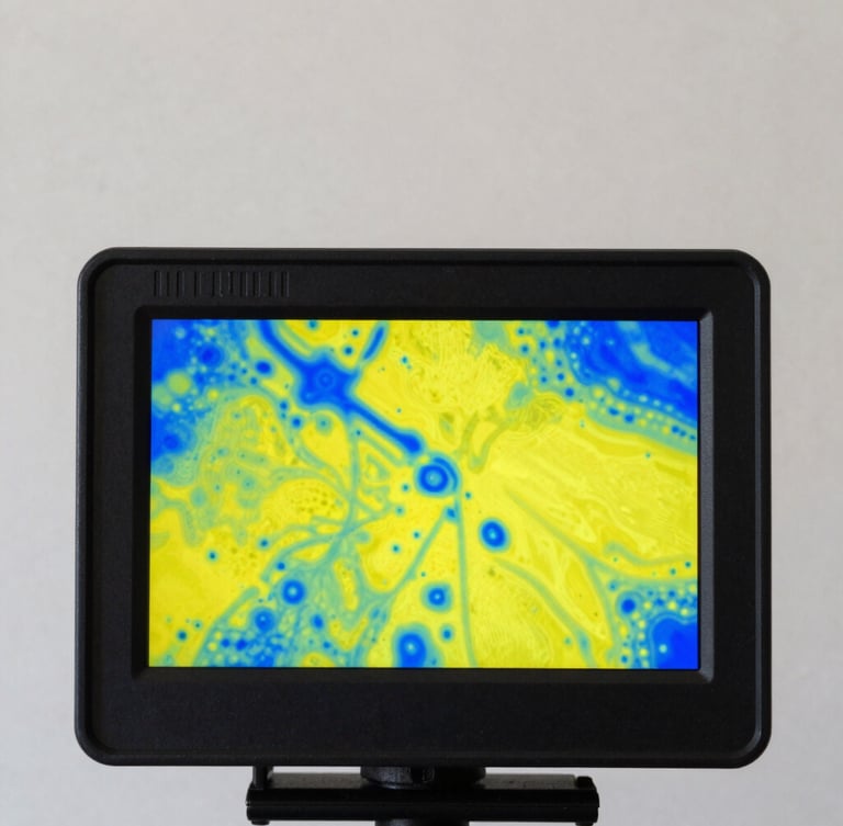 A high-contrast close-up of a thermal imaging camera screen displaying bright yellow and blue moisture maps behind a drywall, sharp documentary photography