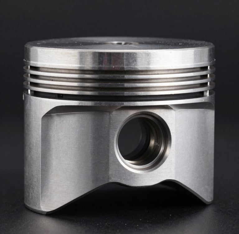 Macro studio shot of a pristine metallic automotive piston, sharp technical highlights, deep black background, clean commercial automotive photography