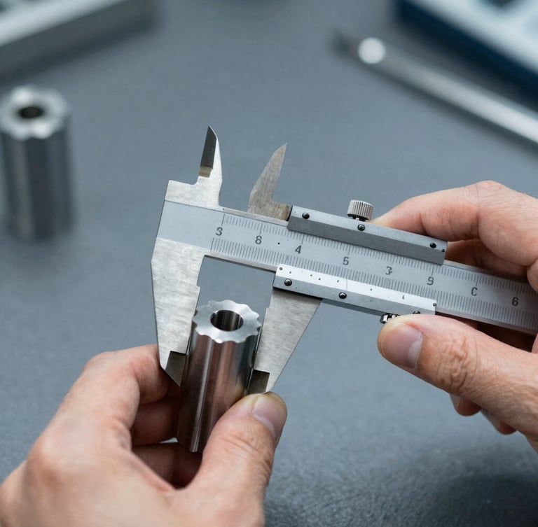 Macro shot of hands measuring a precision steel component with calipers in a cool-lit industrial lab, sharp technical focus, 35mm lens