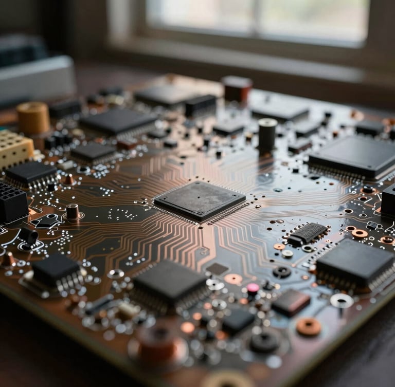 Wide shot of a complex circuit board with subtle light reflections, in soft natural window light, deep shadows, muted petroleum and copper tones, shallow depth of field, 35mm