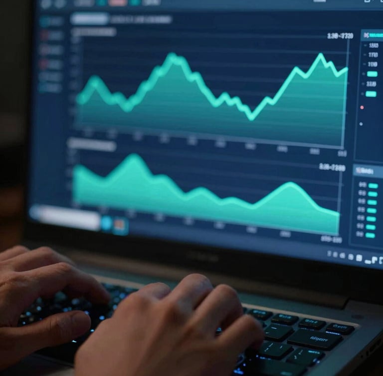 Macro shot of hands on keyboard, over-the-shoulder view of financial dashboard screen with glowing teal line charts, dark petrol blue background, 35mm