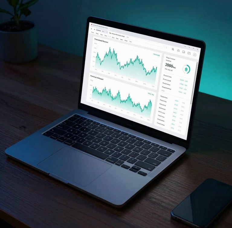 Sleek modern laptop on a dark wood desk displaying clean financial charts and Power BI dashboards, moody low-key lighting with teal and cyan glow, sharp focus, professional setup