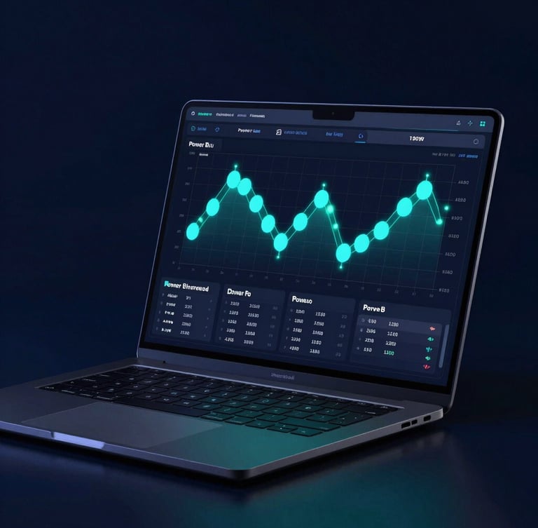 Sleek modern laptop displaying a dark-themed Power BI financial dashboard, vibrant teal and cyan nodes glowing on the screen, low-key dramatic studio lighting, 35mm