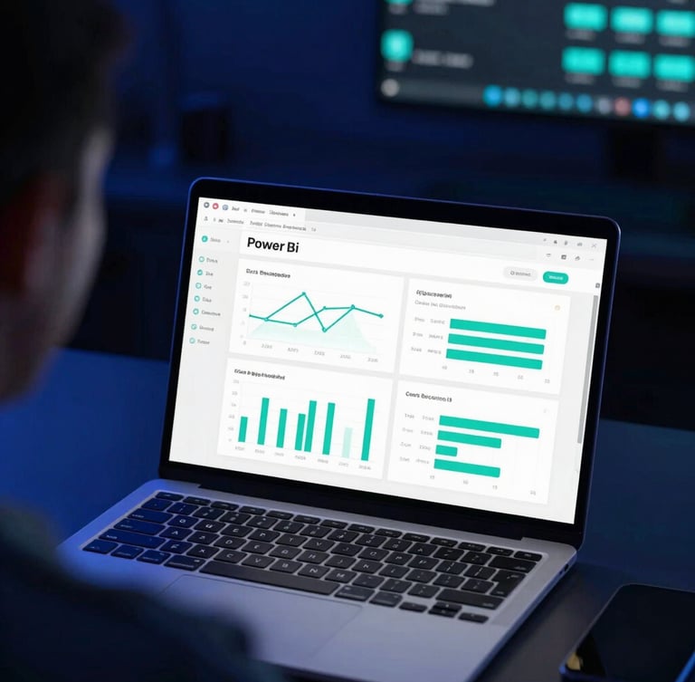 Over-the-shoulder view of a sleek laptop displaying clean Power BI charts, dark-mode tech command center lighting, vibrant teal accents, sharp focus, 35mm
