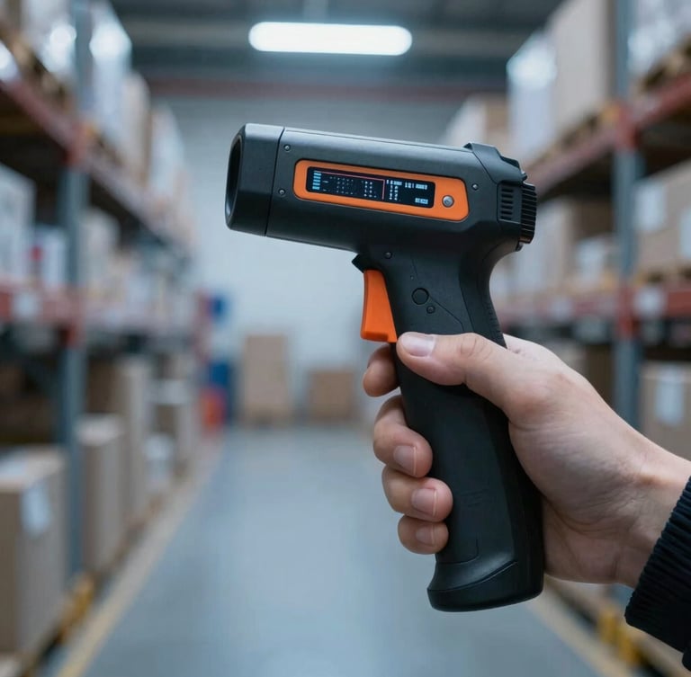 Close-up of a ruggedized handheld scanner displaying a digital manifest, in a modern distribution center, cool studio lighting, sharp focus.