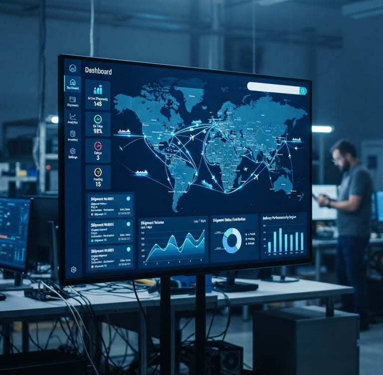 High-resolution mockup of QuickShip's dashboard UI with an interactive map showing real-time shipment routes, data visualizations, and a search bar for tracking numbers, cool blue lighting, sharp focus, 35mm lens