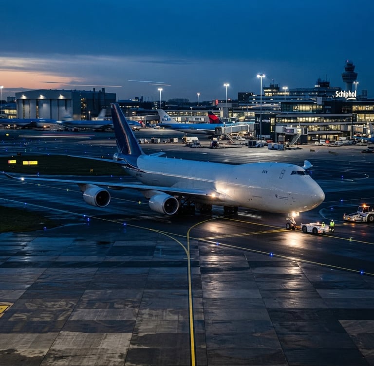 Wide panoramic view of a cargo plane in transit under cool blue hour industrial lighting, sharp focus, high-contrast technical tones.