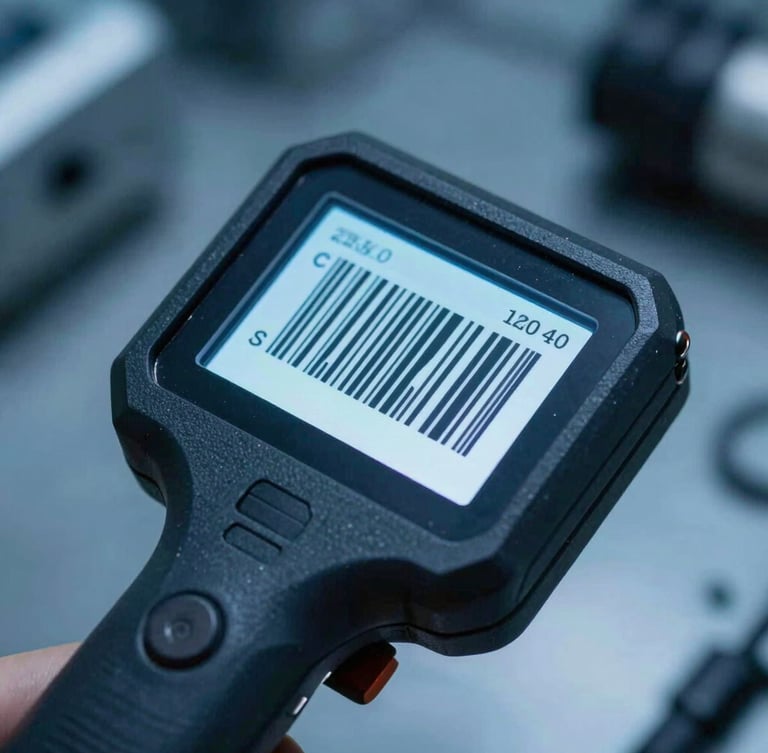 Macro photograph of a ruggedized handheld scanner displaying a crisp digital barcode interface under cool blue industrial lighting