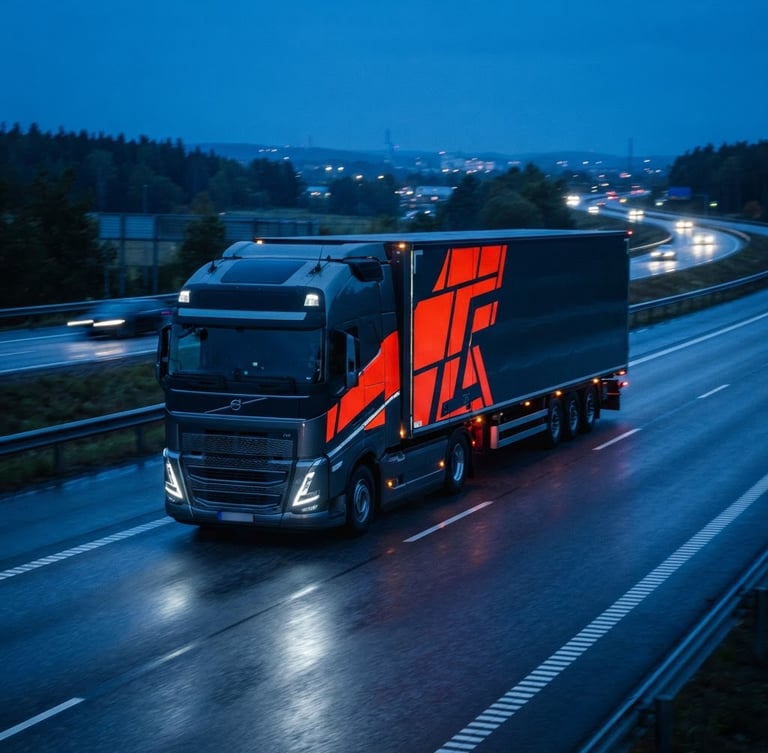 Modern transport truck on highway during blue hour, high-visibility orange overlay on truck's side panels, cool studio light, sharp focus, 35mm lens