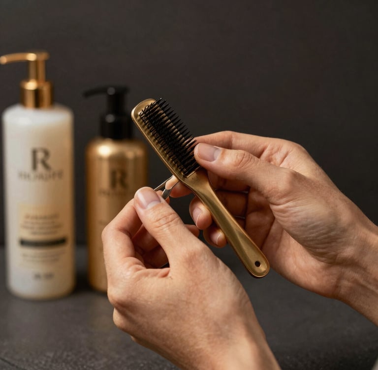 Close-up of a stylist’s hands using premium grooming products under warm directional studio light, shallow depth of field, luxurious charcoal background