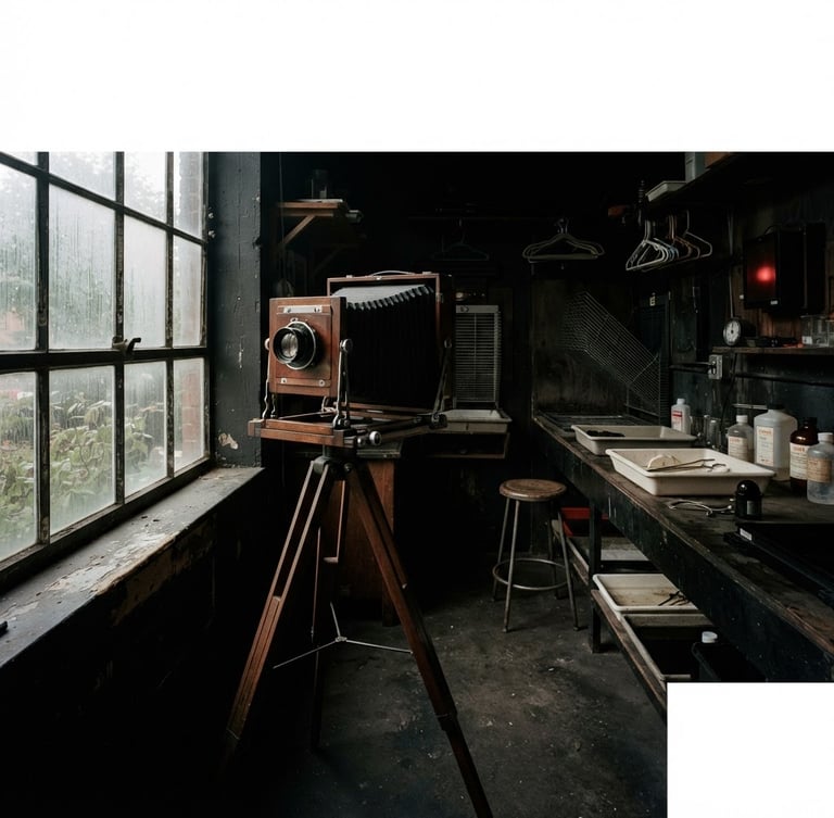 Wide panoramic darkroom interior, an 8x10 bellows camera positioned near a large window, low-key side lighting, deep shadows.