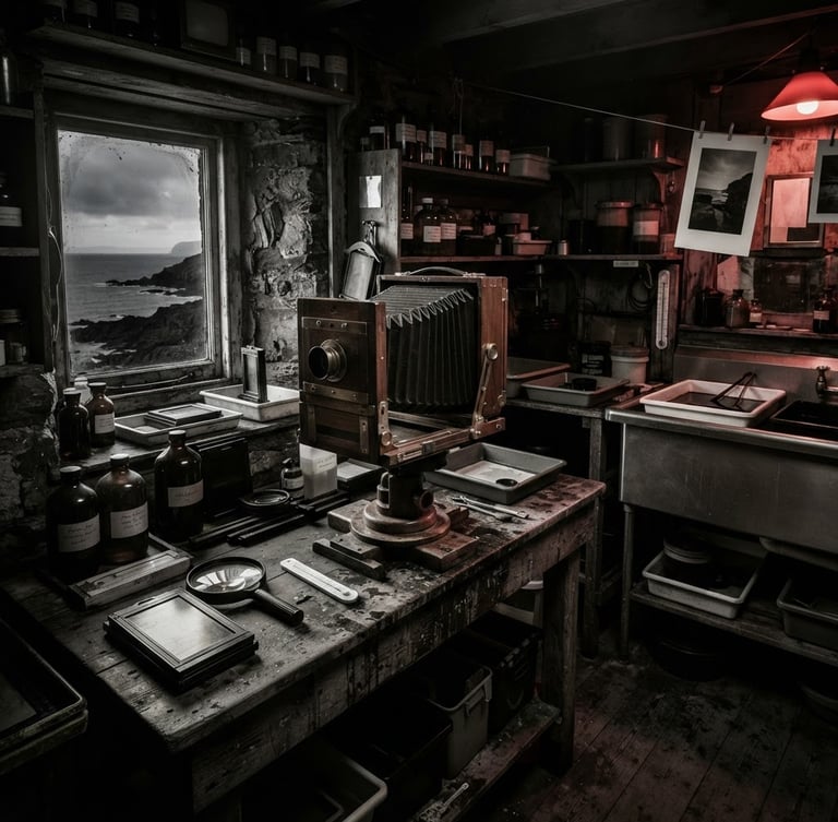 Wide environmental shot of a coastal darkroom, large-format bellows camera resting on a wooden table, low-key side lighting, deep shadows, rich monochrome tones.