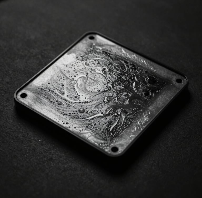 Portrait framing, close-up of a wet-plate glass edge resting on a dark charcoal surface, dramatic low-key side lighting revealing the tactile chemical texture and silver tones, deep shadows.