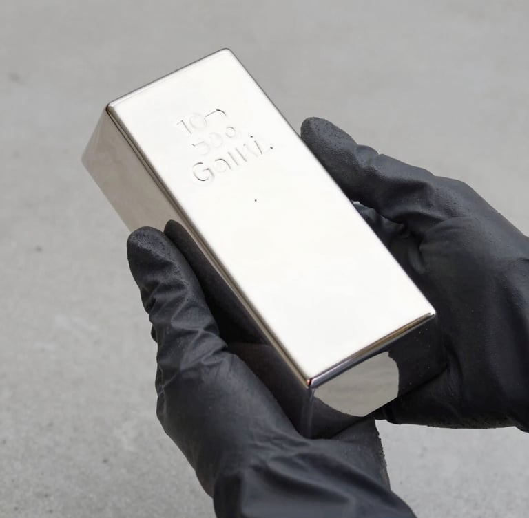 Close-up of gloved hands carefully holding a heavy polished silver bar, capturing the reflection of soft studio light, minimalist concrete background.