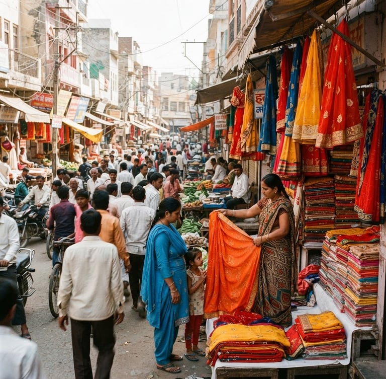 Eye-level view of a vibrant local market street in Hanumangarh Junction, bright natural daylight, rich warm tones, sharp focus, 35mm lens