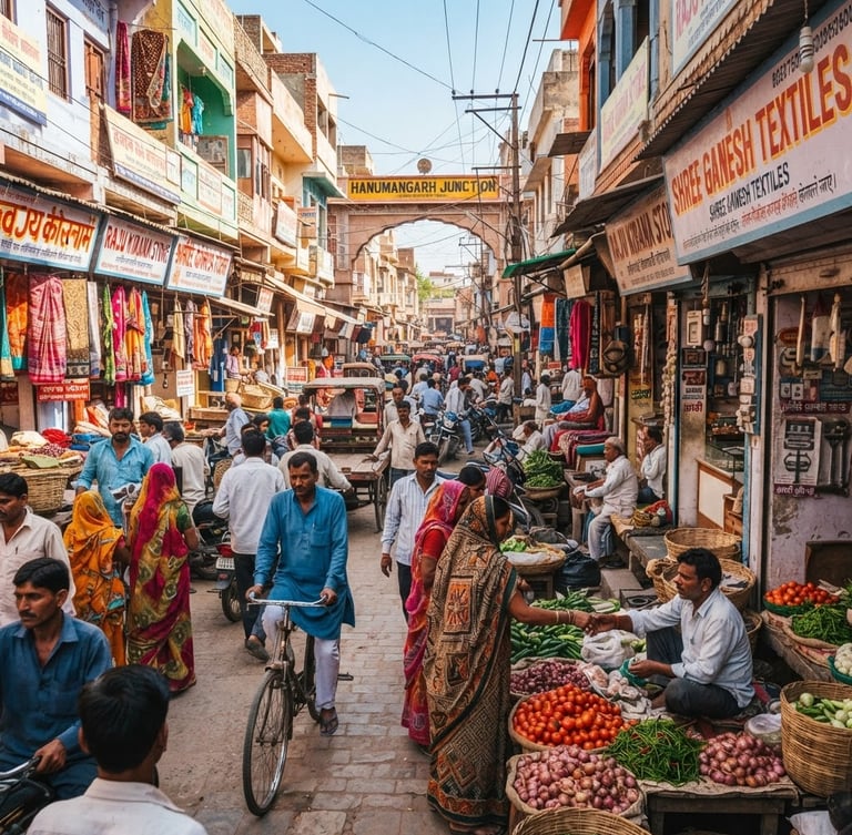 Vibrant documentary photography of a bustling market street in Hanumangarh Junction with local shops, bright natural daylight, rich warm tones, sharp focus