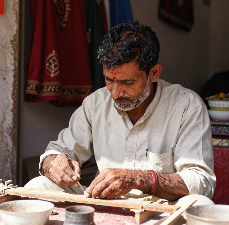 An authentic close-up of a local Hanumangarh artisan working diligently in their shop, bright natural daylight, rich warm tones, sharp focus