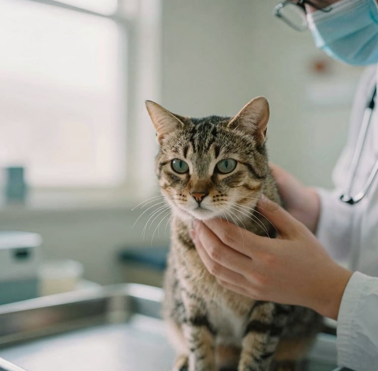 Close-up of a veterinarian gently examining a rescued cat in a clean, modern clinic, soft natural morning light, warm tones, documentary style, medium format film.