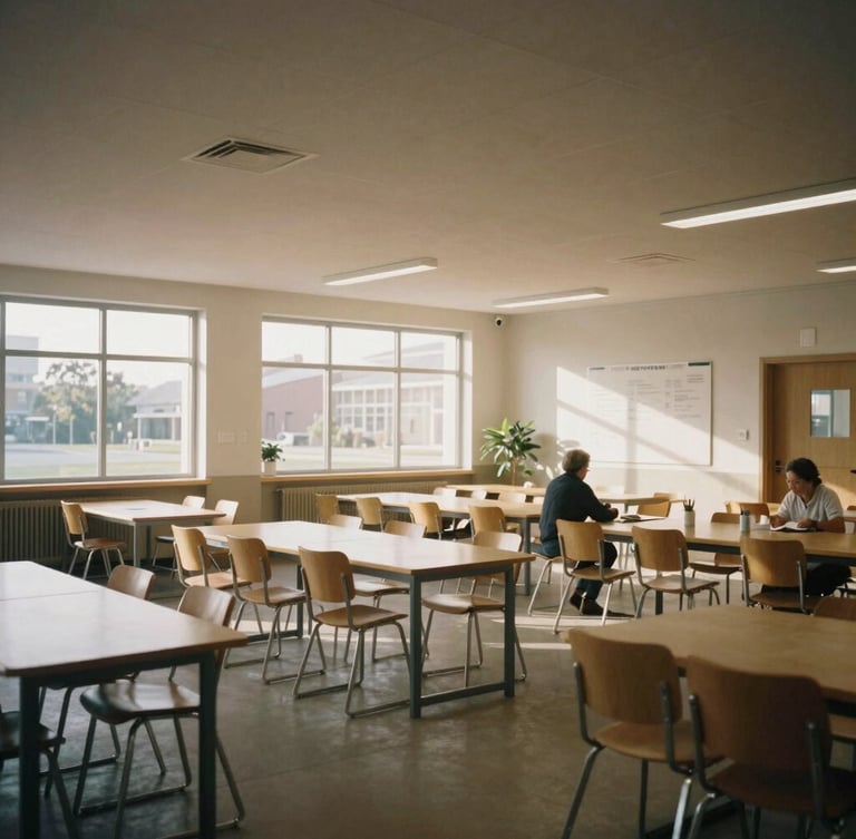 Wide environmental shot of a modern community learning center, clean architectural details, soft natural morning light, warm editorial style, muted earth tones.